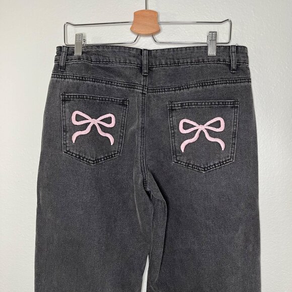 Edikted Black Bow Pocket Relaxed Cotton Denim Jeans size Large - Picture 3 of 12